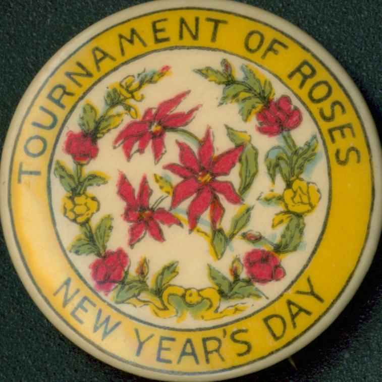 This button shows red roses and poinsettias surrounded by a yellow border with the rose parade information.